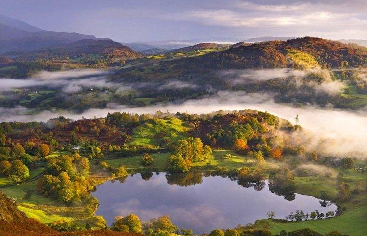 mist, Lake, Valley, Hill, Forest, Grass, Field, Trees, Nature, Landscape HD Wallpaper Desktop Background