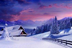 mountain, Cottage, Winter, Snow, Snowy Peak, Forest, Fence, Clouds, Valley, Sunset, White, Nature, Landscape