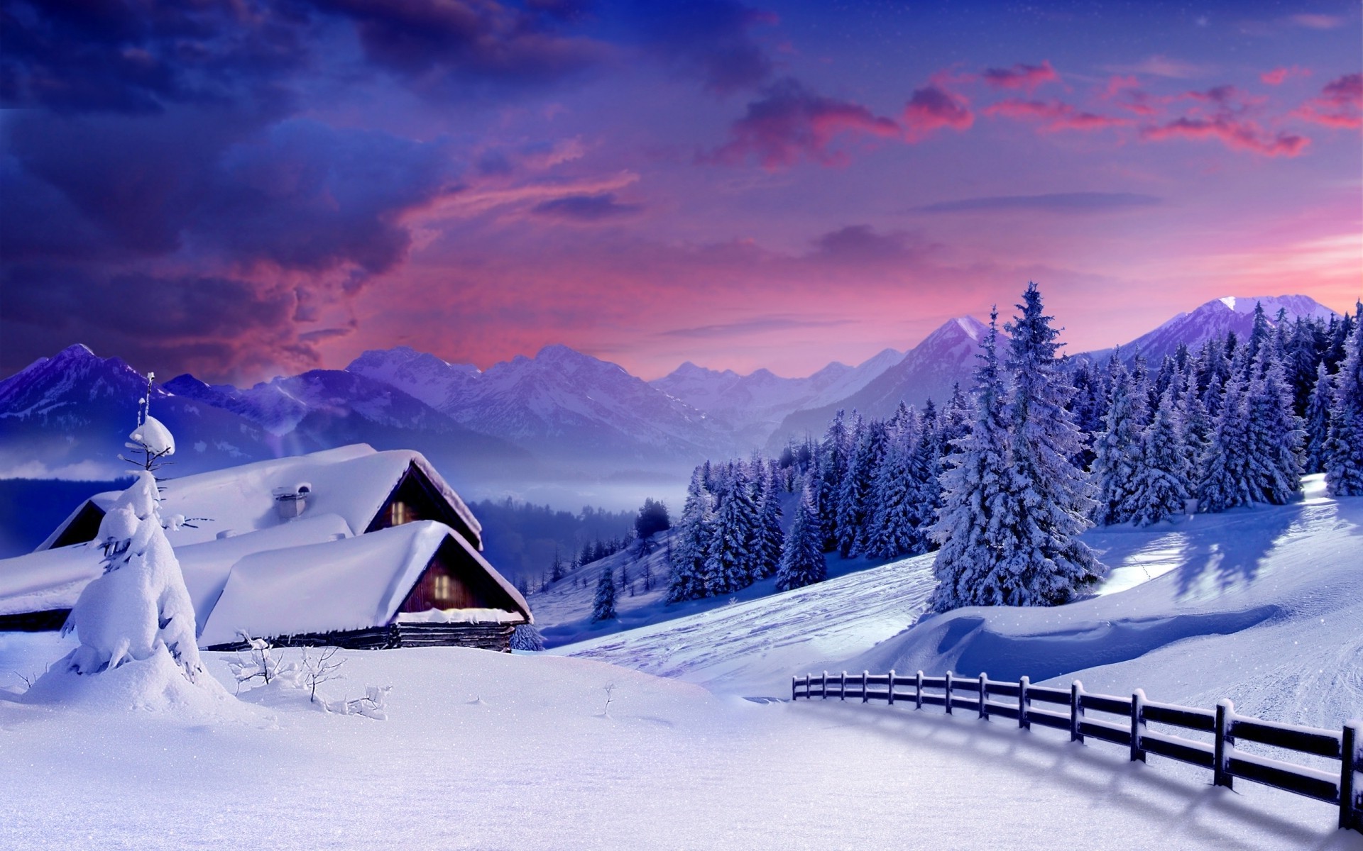 mountain, Cottage, Winter, Snow, Snowy Peak, Forest, Fence, Clouds, Valley, Sunset, White, Nature, Landscape Wallpaper