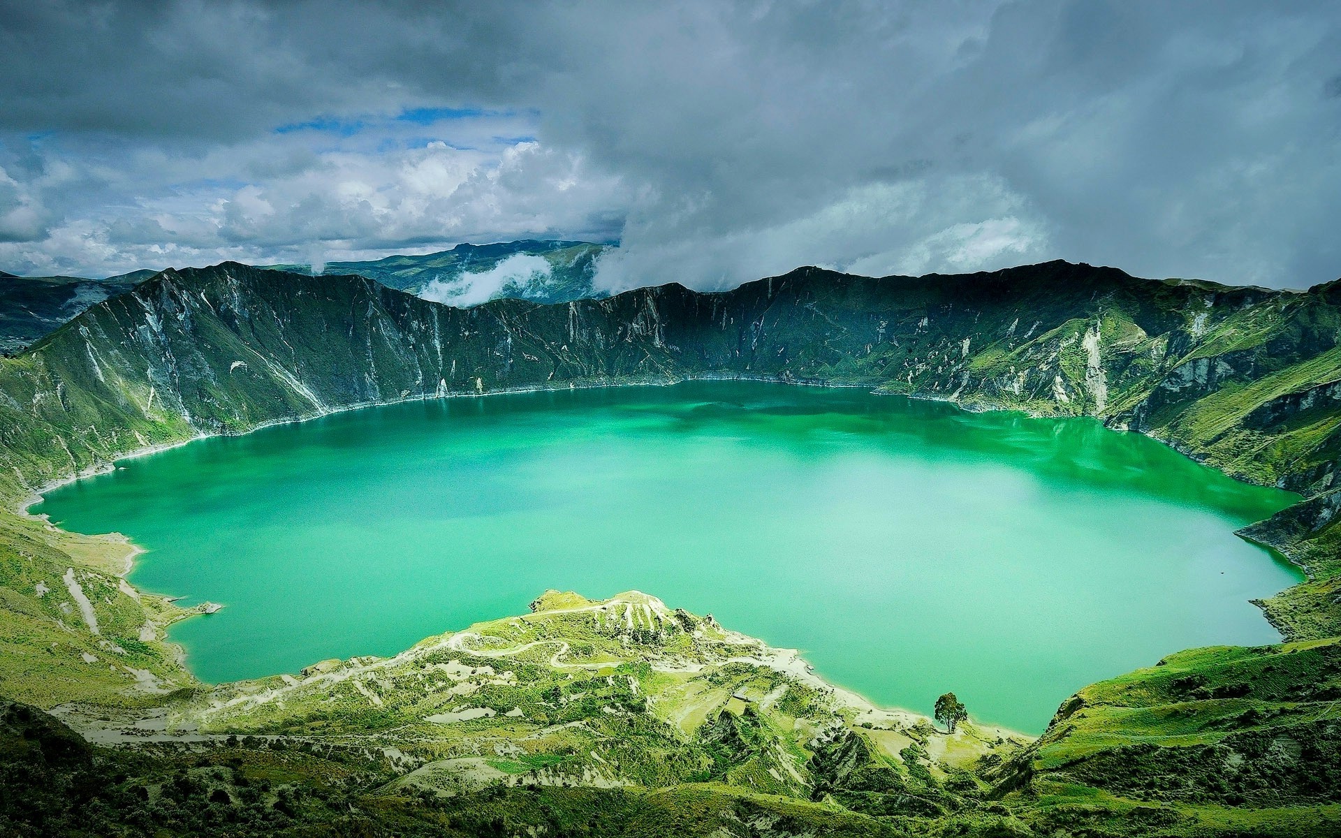 Ecuador, Andes, Caldera, Volcano, Clouds, Grass, Mountain, Water, Green, Nature, Landscape Wallpaper