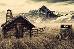 cabin, Mountain, Old Car, Fence, Filter, Sepia