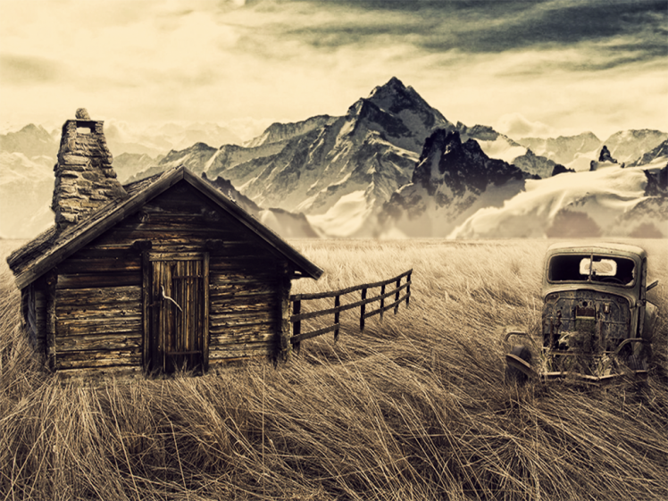 cabin, Mountain, Old Car, Fence, Filter, Sepia HD Wallpaper Desktop Background