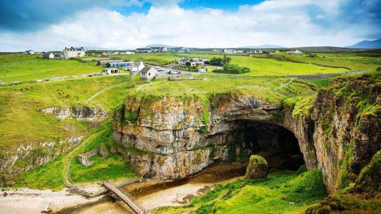 Scotland, Landscape, House, UK, Field, Cave, Clouds, Bridge, Rock HD Wallpaper Desktop Background
