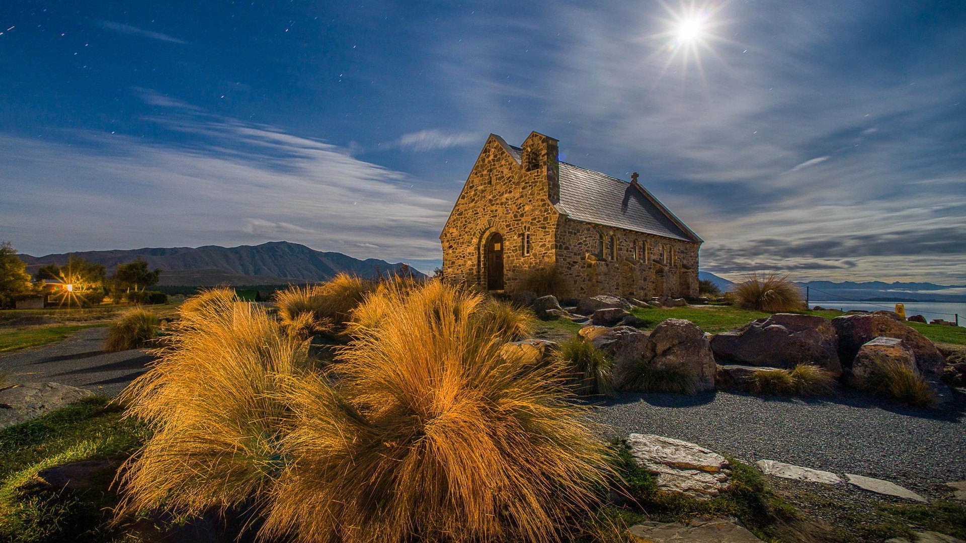 nature, Landscape, Architecture, Old Building, House, Hill, Stones, Rock, Plants, Night, Moon Rays, Clouds, Stars, Path, Mountain, Shadow, Long Exposure Wallpaper