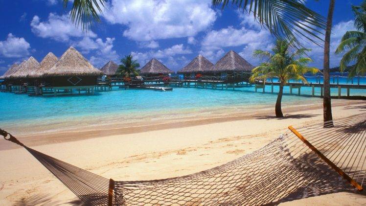Bora Bora, Tahiti, Resort, Beach, Hammocks, Palm Trees, Sand, Sea, Vacations, Walkway, Bungalow, Nature, Landscape HD Wallpaper Desktop Background