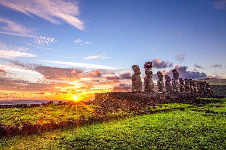 Moai, Sunrise, Easter Island, Statue, Chile, Rapa Nui, Grass, Sea, Blue, Yellow, Green, Nature, Landscape HD Wallpaper Desktop Background