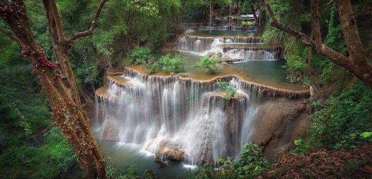 Thailand, Waterfall, Terraces, Shrubs, Forest, Trees, Tropical, Nature, Landscape HD Wallpaper Desktop Background