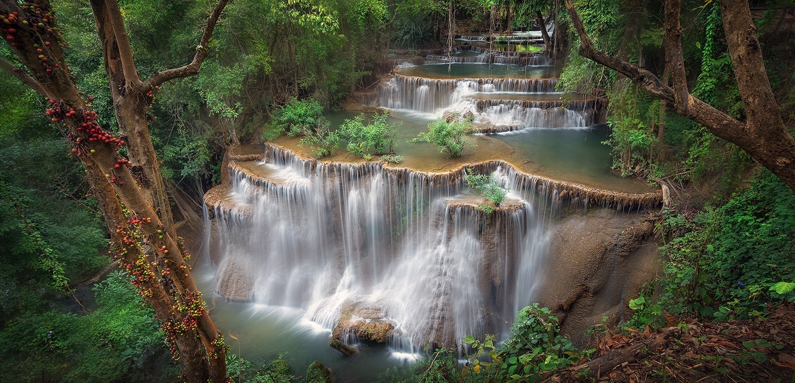 Thailand, Waterfall, Terraces, Shrubs, Forest, Trees, Tropical, Nature, Landscape Wallpaper