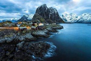 winter, Mountain, Coast, Norway, Snowy Peak, Villages, Cliff, Sea, Clouds, Nature, Landscape