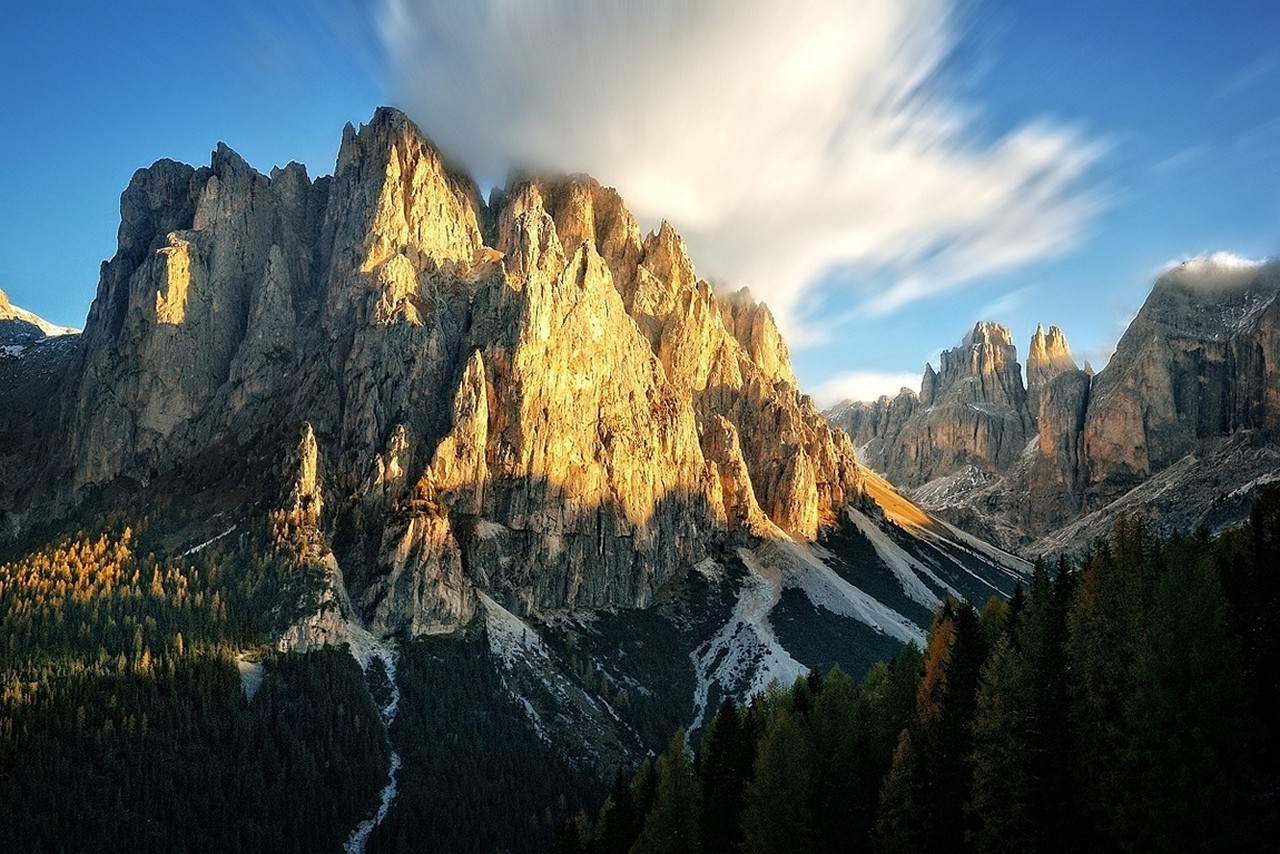 mountain, Forest, Clouds, Cliff, Sunset, Summer, Nature, Landscape Wallpaper