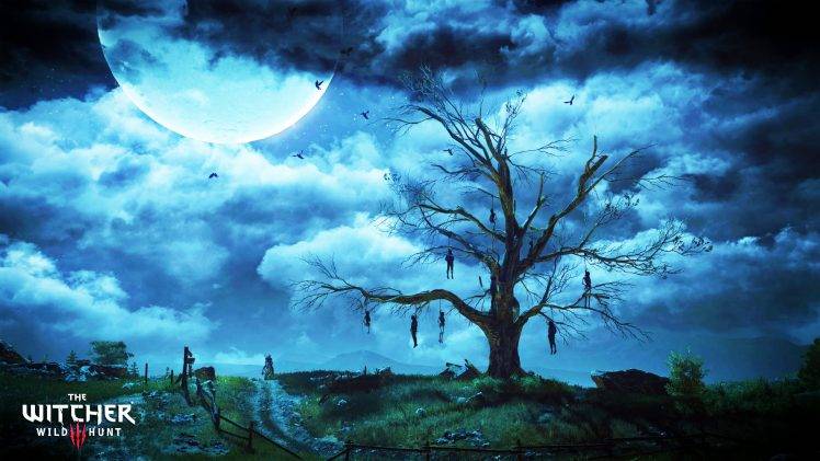 video Games, The Witcher 3: Wild Hunt, The Witcher, Trees, Moon, Clouds HD Wallpaper Desktop Background