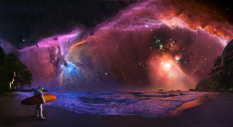 atmosphere, Stars, Space, Sea, Astronaut, Surfing, Sand HD Wallpaper Desktop Background