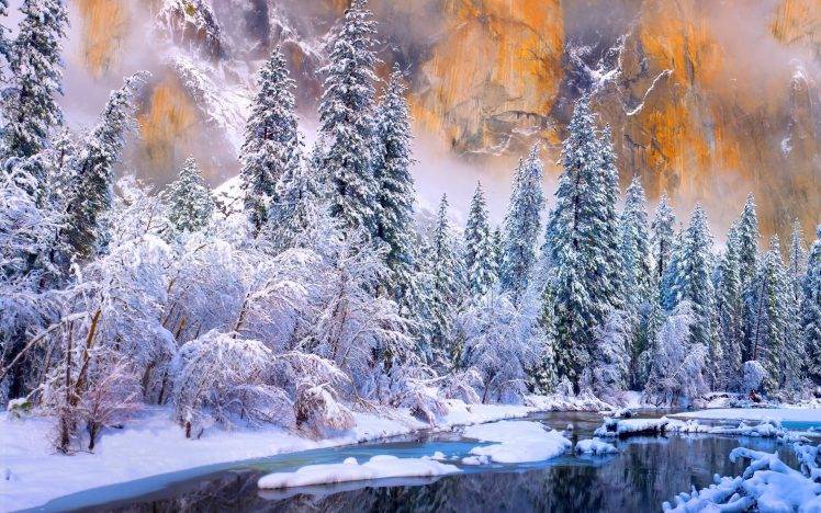 winter, Yosemite National Park, River, Cold, Snow, Forest, White, Trees, Ice, Nature, Landscape HD Wallpaper Desktop Background