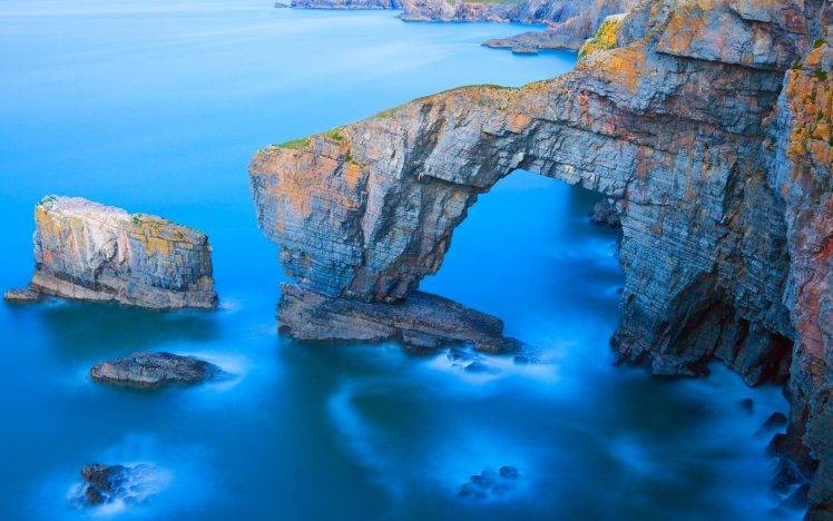 cliff, Sea, Wales, Coast, Bridge, Erosion, Cave, Sunrise, Rock, Nature, Landscape HD Wallpaper Desktop Background
