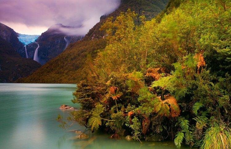 mountain, Chile, Lake, Forest, Ferns, Shrubs, Waterfall, Glaciers, Clouds, Patagonia, Nature, Landscape HD Wallpaper Desktop Background