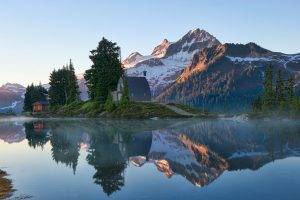 lake, Mountain, Reflection, Sunrise, Canada, Snowy Peak, Trees, Mist, Forest, Water, Nature, Landscape