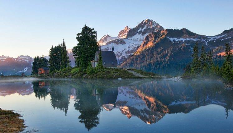 lake, Mountain, Reflection, Sunrise, Canada, Snowy Peak, Trees, Mist, Forest, Water, Nature, Landscape HD Wallpaper Desktop Background