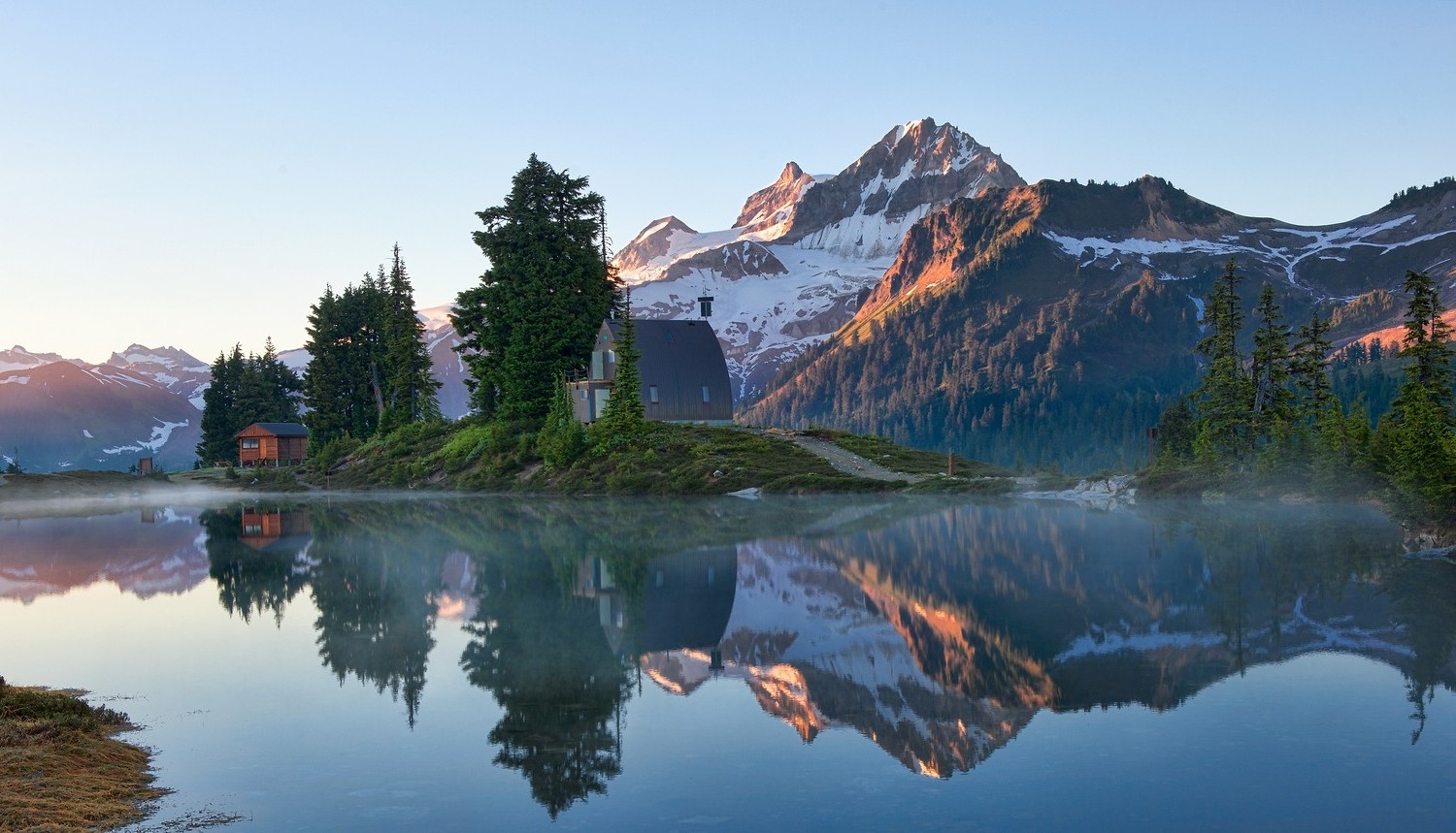 lake, Mountain, Reflection, Sunrise, Canada, Snowy Peak, Trees, Mist, Forest, Water, Nature, Landscape Wallpaper