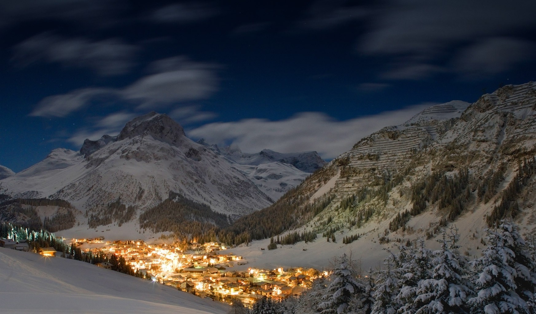 winter, Starry Night, Austria, Snow, Forest, City, Lights, Mountain, Snowy Peak, Alps, Nature, Landscape Wallpaper