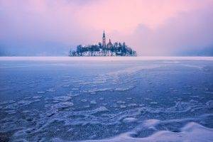 lake, Island, Winter, Lake Bled, Slovenia, Church, Frost, Ice, Mist, Trees, Nature, Landscape