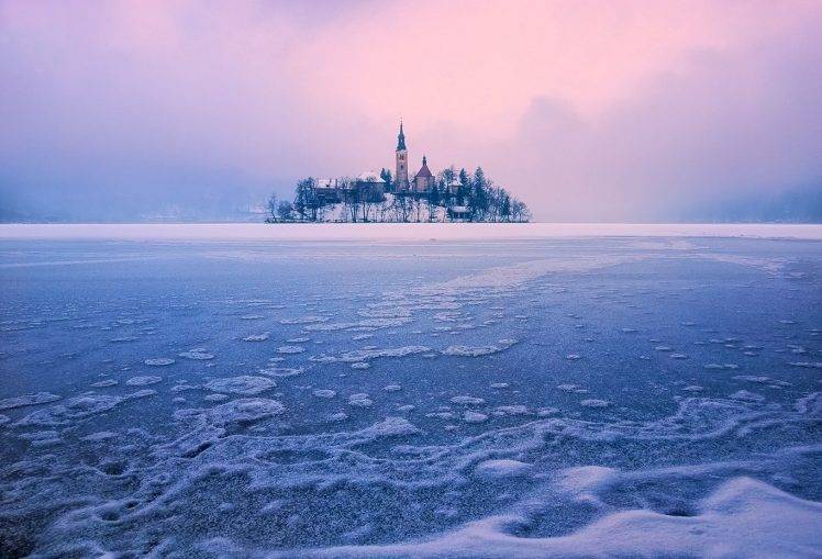 lake, Island, Winter, Lake Bled, Slovenia, Church, Frost, Ice, Mist, Trees, Nature, Landscape HD Wallpaper Desktop Background