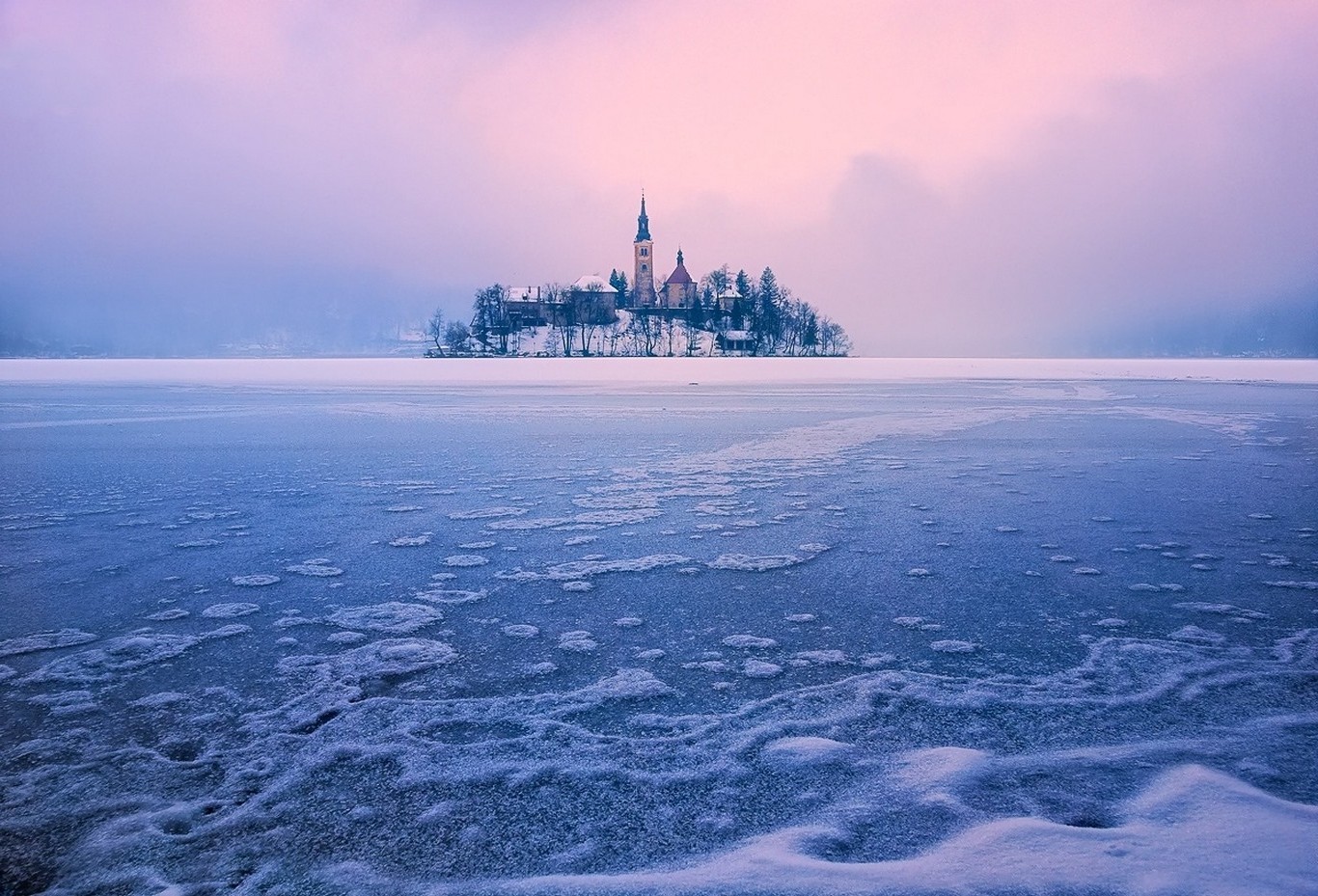 lake, Island, Winter, Lake Bled, Slovenia, Church, Frost, Ice, Mist, Trees, Nature, Landscape Wallpaper