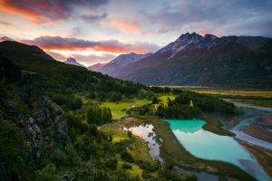 river, Sunrise, Chile, Mountain, Patagonia, Turquoise, Valley, Snowy Peak, Clouds, Forest, Water, Landscape, Nature
