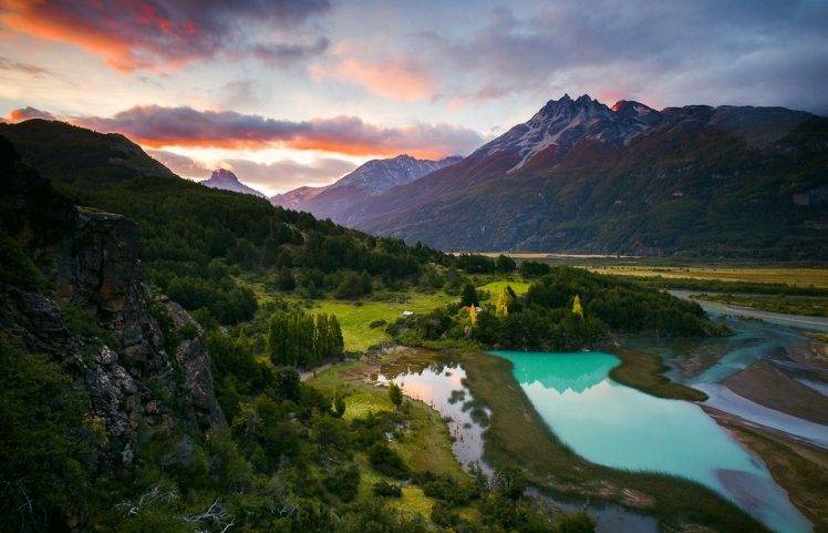 river, Sunrise, Chile, Mountain, Patagonia, Turquoise, Valley, Snowy Peak, Clouds, Forest, Water, Landscape, Nature HD Wallpaper Desktop Background