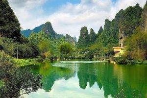 mountain, Lake, Limestone, China, Forest, Water, Reflection, Trees, Shrubs, Cliff, Nature, Landscape