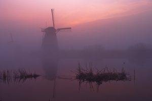 windmills, Mist, Landscape, Morning, Reflection, Water