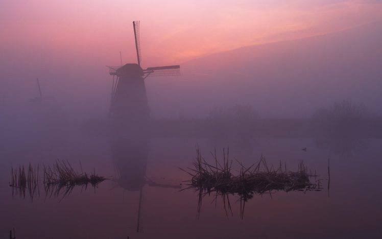 windmills, Mist, Landscape, Morning, Reflection, Water HD Wallpaper Desktop Background