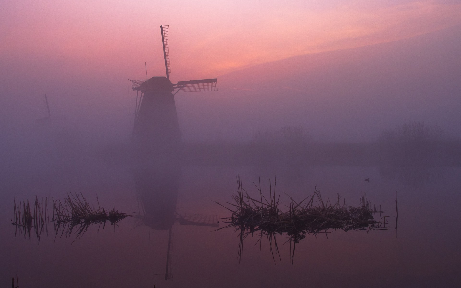 windmills, Mist, Landscape, Morning, Reflection, Water Wallpaper