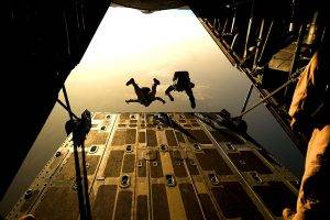 aircraft, Military, Parachutes, Jumping, Rear View, Sky, Men, Airplane, Aerial View, Sunlight