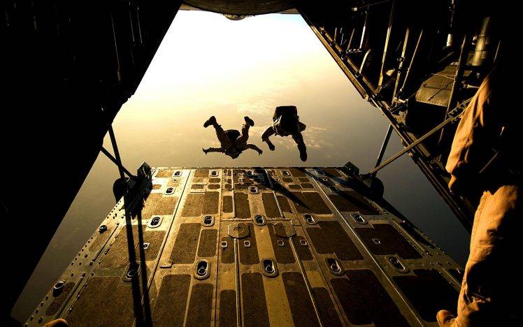 aircraft, Military, Parachutes, Jumping, Rear View, Sky, Men, Airplane, Aerial View, Sunlight HD Wallpaper Desktop Background