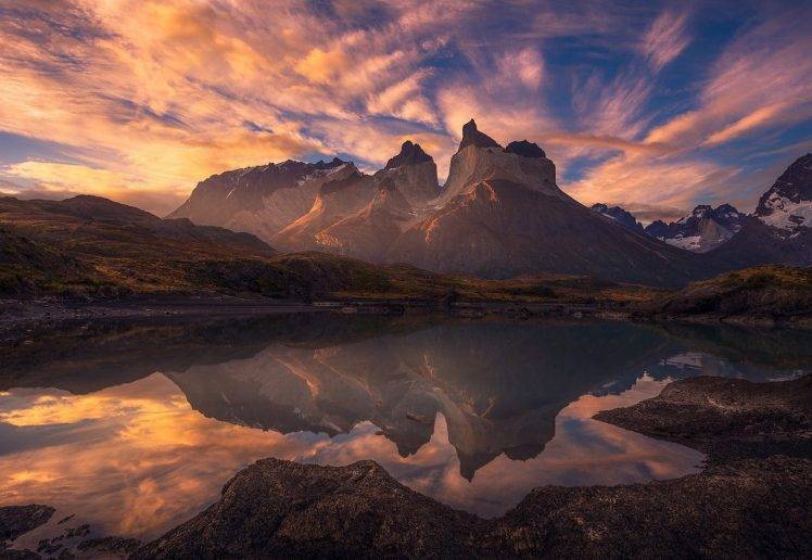 mountain, Chile, Lake, Sunrise, Clouds, Reflection, Torres Del Paine, Patagonia, Nature, Landscape HD Wallpaper Desktop Background
