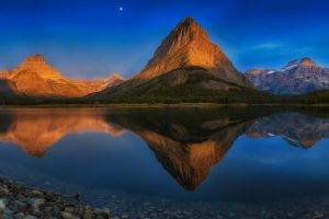 lake, Mountain, Reflection, Moon, Forest, Summer, Blue, Water, Stones, Glacier National Park, Montana, Nature, Landscape, Sunset