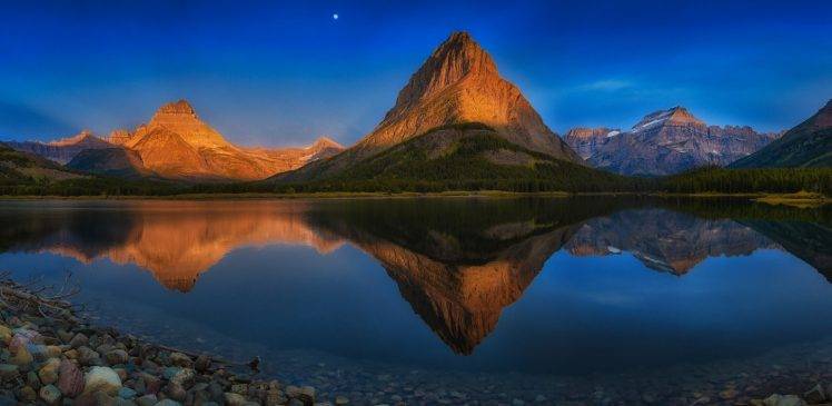 lake, Mountain, Reflection, Moon, Forest, Summer, Blue, Water, Stones, Glacier National Park, Montana, Nature, Landscape, Sunset HD Wallpaper Desktop Background