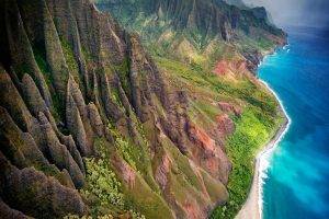 mountain, Kauai, Beach, Cliff, Sea, Sand, Shrubs, Aerial View, Coast, Clouds, Nature, Landscape