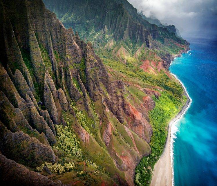 mountain, Kauai, Beach, Cliff, Sea, Sand, Shrubs, Aerial View, Coast, Clouds, Nature, Landscape HD Wallpaper Desktop Background
