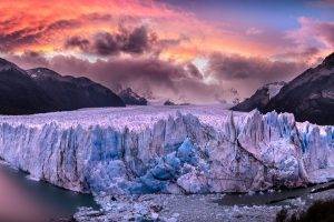 glaciers, Perito Moreno, Argentina, Sunset, Sea, Mountain, Clouds, Snowy Peak, Nature, Landscape