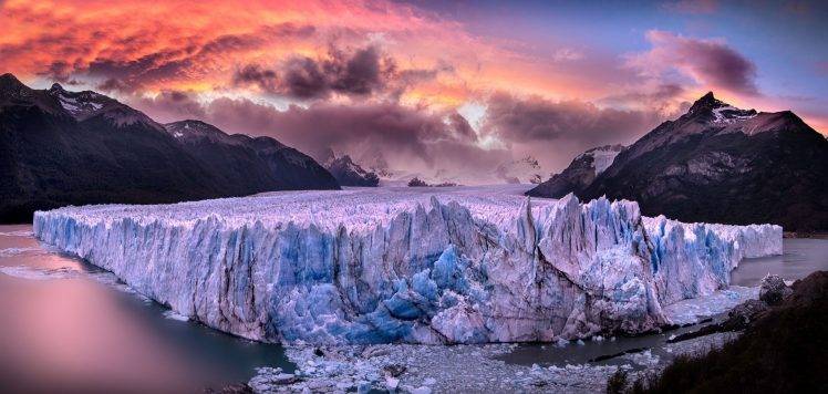 glaciers, Perito Moreno, Argentina, Sunset, Sea, Mountain, Clouds, Snowy Peak, Nature, Landscape HD Wallpaper Desktop Background