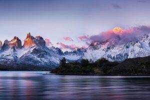 panoramas, Torres Del Paine, Patagonia, Chile, Mountain, Sunrise, Lake, Snowy Peak, Trees, Nature, Landscape