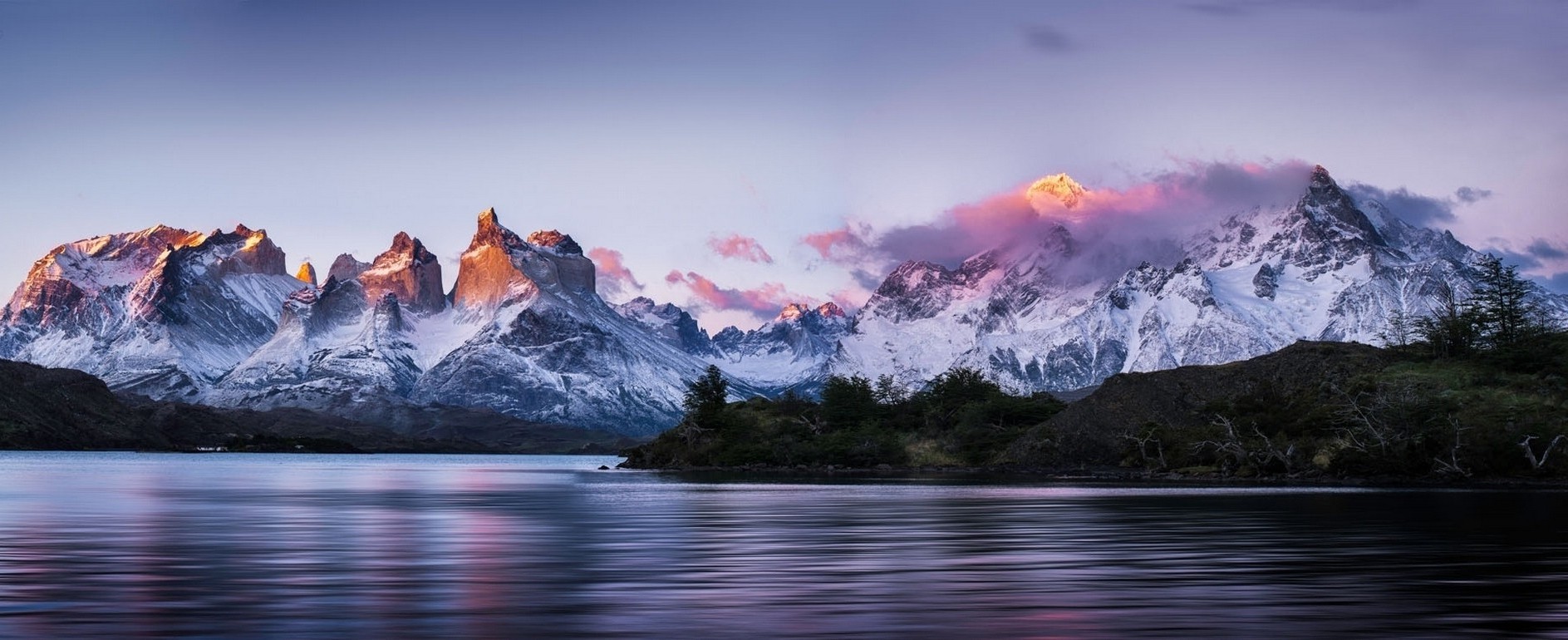 panoramas, Torres Del Paine, Patagonia, Chile, Mountain, Sunrise, Lake, Snowy Peak, Trees, Nature, Landscape Wallpaper
