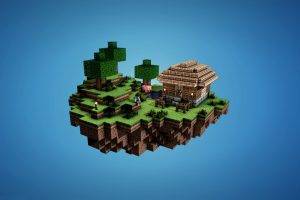 Minecraft, Video Games, House, Floating Island, Simple Background