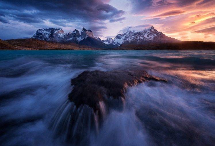 sunset, Mountain, Torres Del Paine, Lake, Snowy Peak, Clouds, Waterfall, Wind, Water, Chile, Patagonia, Landscape HD Wallpaper Desktop Background