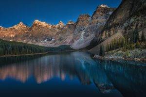 mountain, Moraine Lake, Canada, Sunset, Forest, Summer, Lake, Cliff, Water, Blue, Trees, Reflection, Nature, Landscape