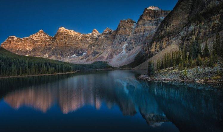 mountain, Moraine Lake, Canada, Sunset, Forest, Summer, Lake, Cliff, Water, Blue, Trees, Reflection, Nature, Landscape HD Wallpaper Desktop Background