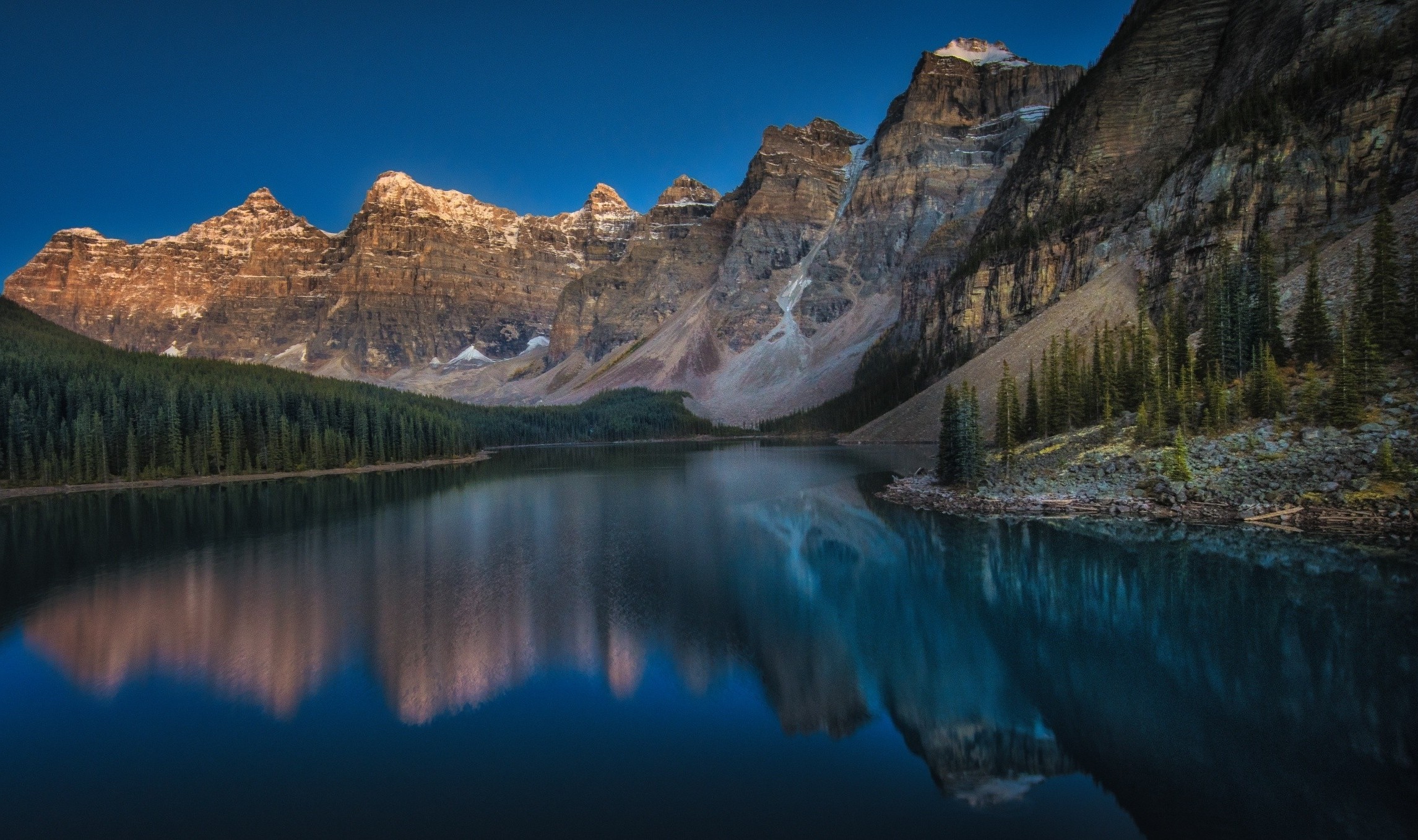 mountain, Moraine Lake, Canada, Sunset, Forest, Summer, Lake, Cliff, Water, Blue, Trees, Reflection, Nature, Landscape Wallpaper
