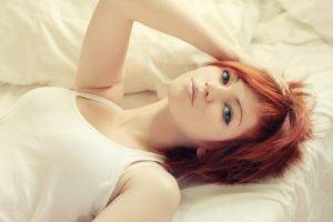 Vladlena Venskaya, Redhead, Women, Blue Eyes, In Bed, Short Hair, Face