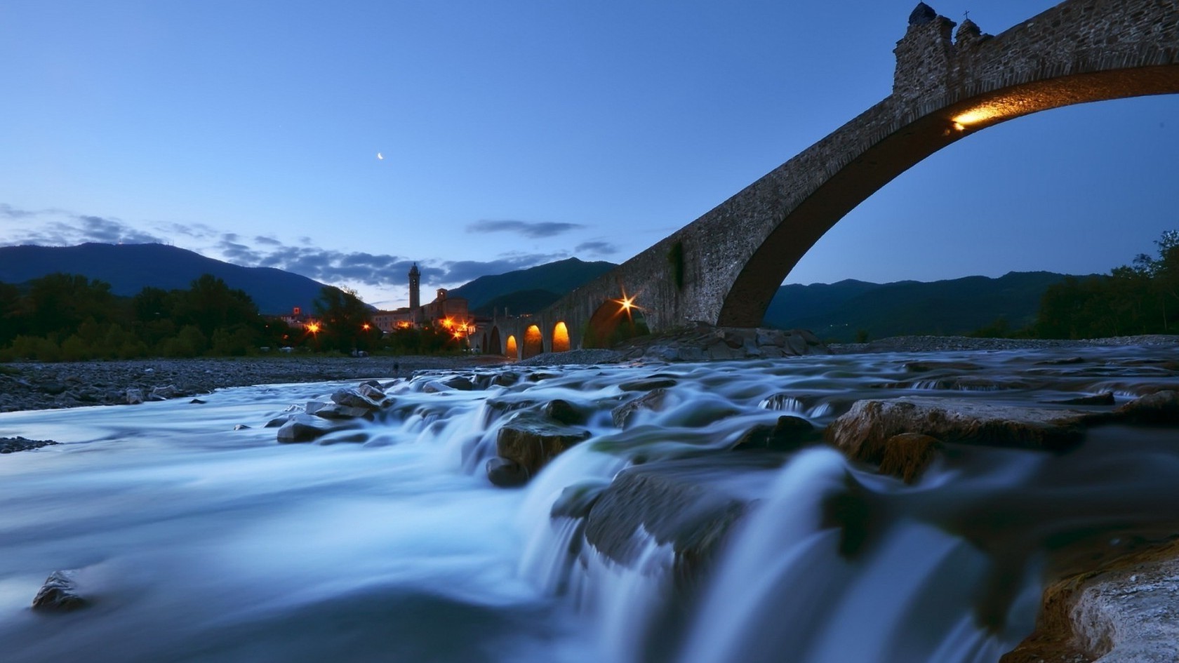 nature, Landscape, Bridge, Water, Evening, Hill, Trees, Italy, Stream, Stones, Rock, Moon, Clouds, Lights, Long Exposure, Tower, Bricks, Arch Wallpaper